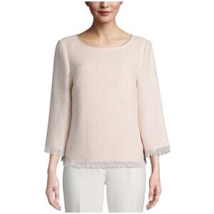 Anne Klein Womens Classic Blush Tweed Cotton Blend Knit Fringe Work Top Sz L